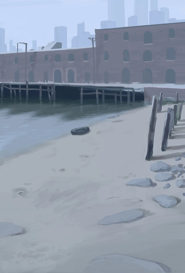 Artwork showing a beach.